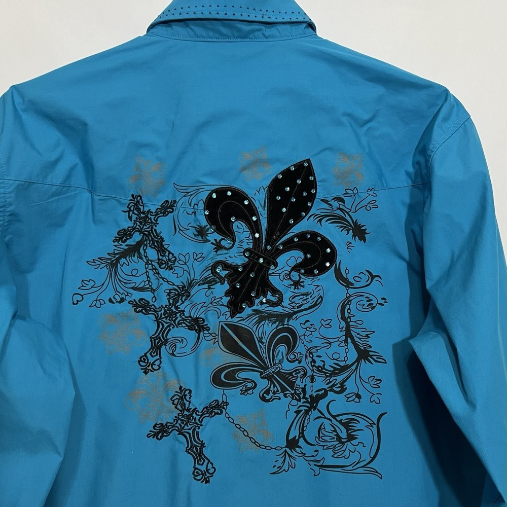 Y2K Ace Of Diamond Western‎ Shirt Turquoise Embroidered Cross Fleur De Lis Large - Picture 10 of 12